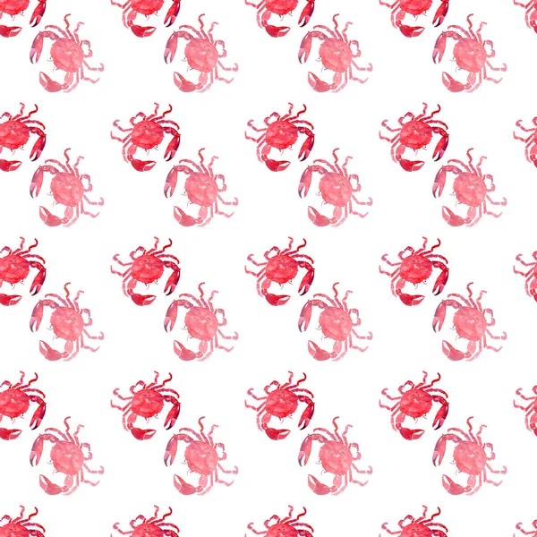 Colorful bright beautiful lovely summer sea tasty delicious pattern of red crabs watercolor hand illustration. Perfect for restaurant menu, greetings card and textile — Stock Photo, Image