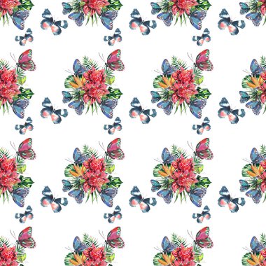 Güzel parlak güzel renkli tropikal hawaii çiçek bitkisel yaz desen tropik çiçekler ve kırmızı pembe yeşil sarı mavi mor tropikal kelebekler suluboya el kroki