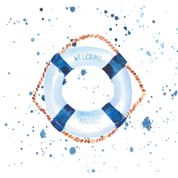 Anspruchsvolle niedliche Grafik schöne schöne wunderbare Sommer Meer frisch Marine Kreuzfahrt bunte Rettungsring Aquarell Hand Illustration — Stockfoto