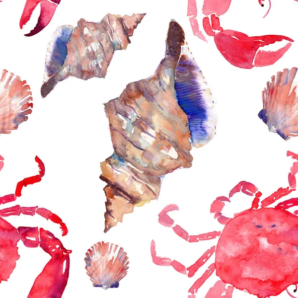 Colorful bright beautiful lovely summer sea tasty delicious pattern of red crabs and tender pastel seashells watercolor hand illustration. Perfect for restaurant menu, greetings card and textile — Stock Photo, Image