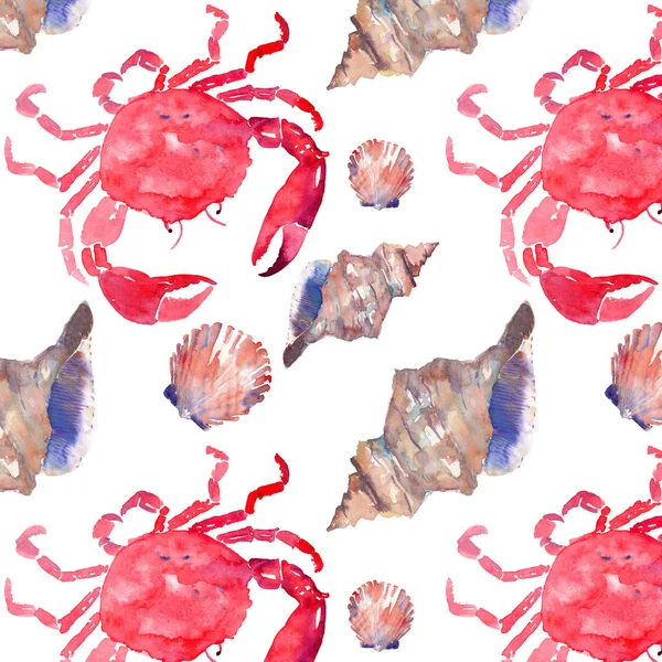 Colorful bright beautiful lovely summer sea tasty delicious pattern of red crabs and tender pastel seashells watercolor hand illustration. Perfect for restaurant menu, greetings card and textile — Stock Photo, Image