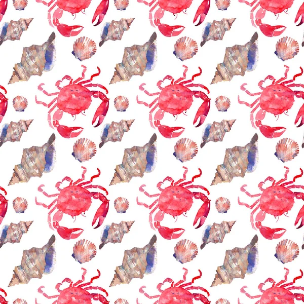 Colorido brillante hermoso hermoso verano mar sabroso delicioso patrón de cangrejos rojos y conchas de mar pastel tierna acuarela ilustración de la mano. Perfecto para menú de restaurante, tarjetas de felicitaciones y textiles — Foto de Stock