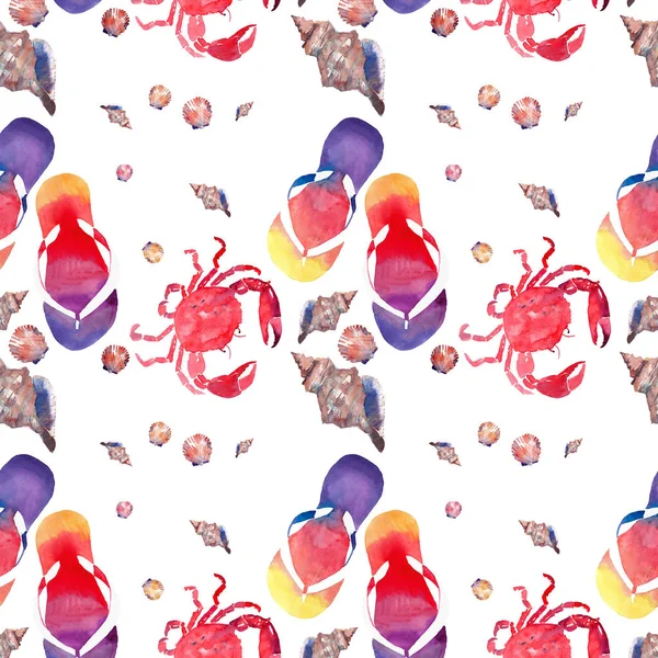 Färgglada ljusa härliga komfort sommaren mönster av stranden flip flops röda krabbor pastell söt snäckskal akvarell hand illustration — Stockfoto