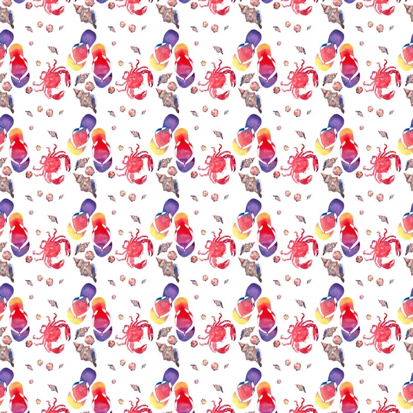 Colorido brillante encantadora comodidad verano patrón de chanclas de playa cangrejos rojos pastel conchas marinas lindas acuarela mano ilustración —  Fotos de Stock