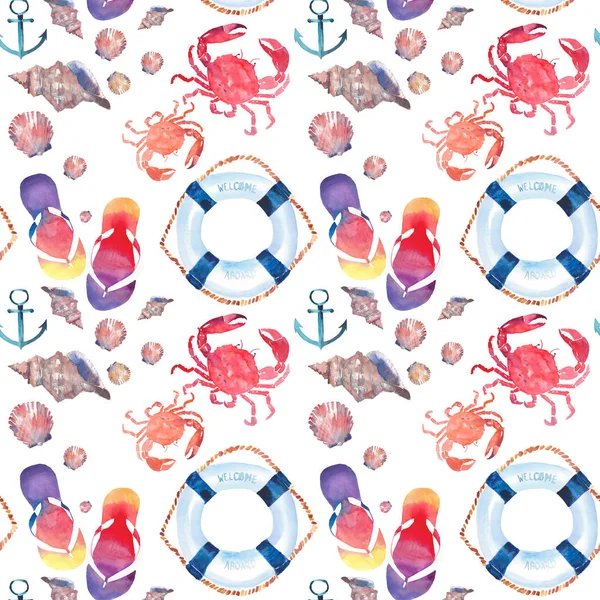 Beautiful bright colorful lovely summer marine beach pattern of flip flops red crabs pastel cute seashells blue lifebuoy and dark blue anchor watercolor hand illustration — Stock Photo, Image