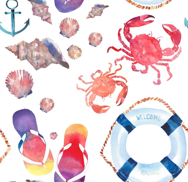 Beautiful bright colorful lovely summer marine beach pattern of flip flops red crabs pastel cute seashells blue lifebuoy and dark blue anchor watercolor hand illustration — Stock Photo, Image
