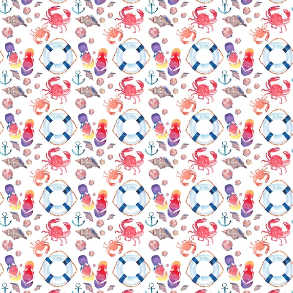 Linda brilhante colorido lindo verão marinho praia padrão de chinelos vermelho caranguejos pastel bonito conchas azul lifebuoy e azul escuro âncora aquarela mão ilustração — Fotografia de Stock