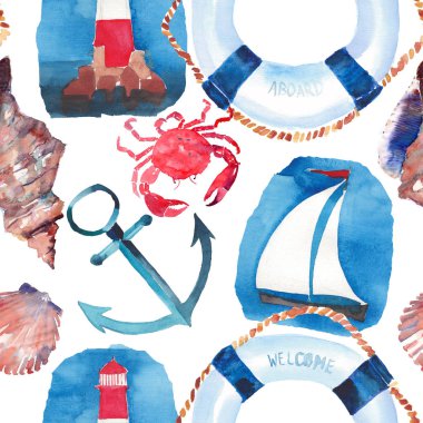 Güzel parlak renkli güzel yaz deniz plaj kalıp lifebuoy, mavi çapa, kırmızı beyaz seamark, kırmızı yengeçler, pastel sevimli deniz kabuklarını ve koyu mavi çapa suluboya el çizimi