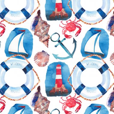 Güzel parlak renkli güzel yaz deniz plaj kalıp lifebuoy, mavi çapa, kırmızı beyaz seamark, kırmızı yengeçler, pastel sevimli deniz kabuklarını ve koyu mavi çapa suluboya el çizimi