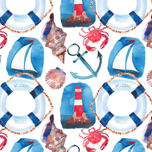 Beautiful bright colorful lovely summer marine beach pattern of lifebuoy, blue anchor, red white seamark, red crabs, pastel cute seashells and dark blue anchor watercolor hand illustration — Stock Photo, Image