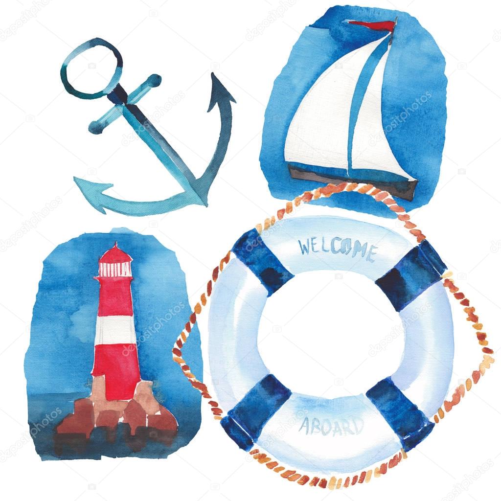 Beautiful bright colorful lovely summer ocean marine beach pattern of lifebuoy, blue anchor, red white seamark and dark blue anchor watercolor hand illustration