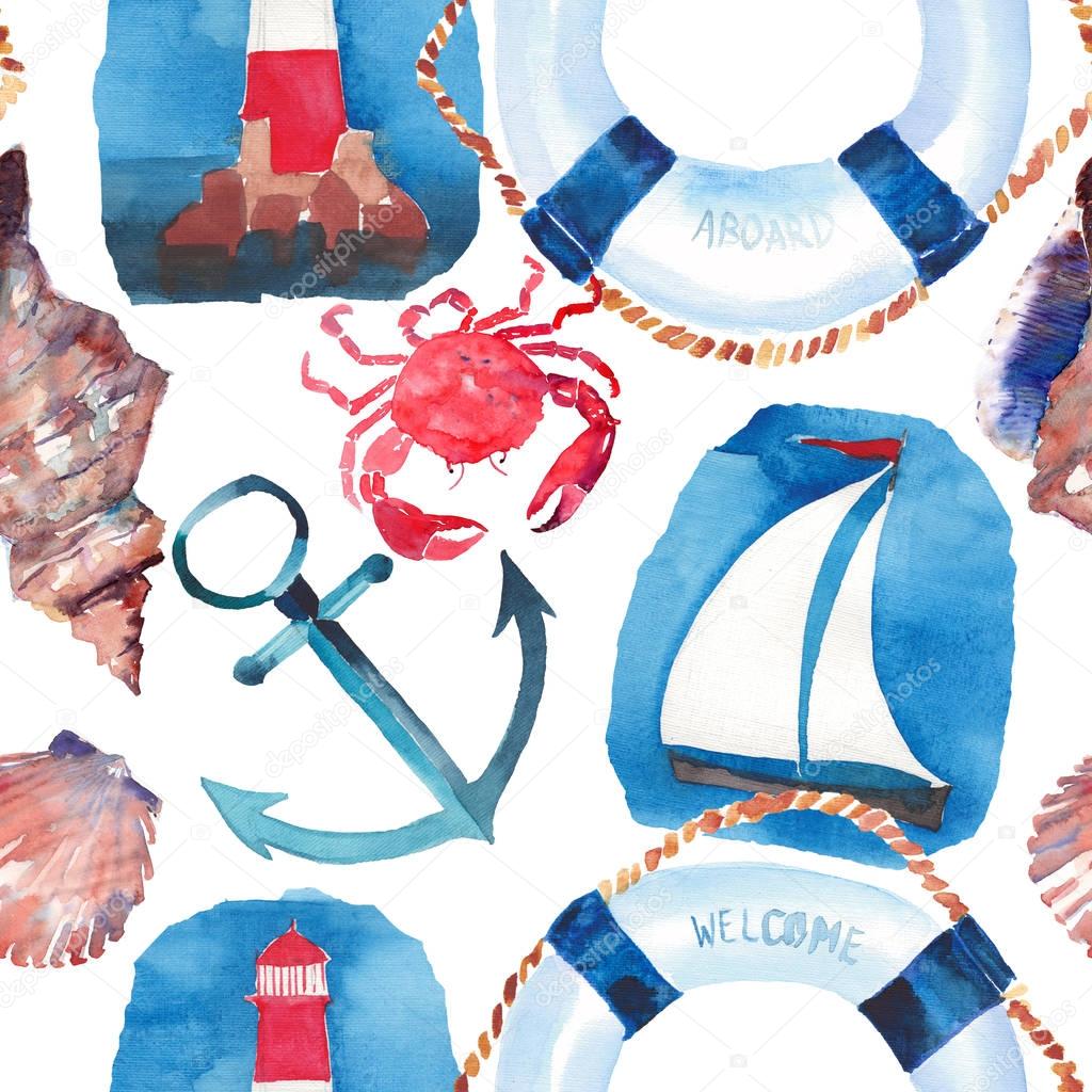 Beautiful bright colorful lovely summer marine beach pattern of lifebuoy, blue anchor, red white seamark, red crabs, pastel cute seashells and dark blue anchor watercolor hand illustration