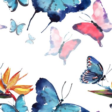 Parlak güzel sofistike harika ihale nazik bahar tropikal renkli kelebekler ile tropikal sarı çiçek deseni suluboya el kroki