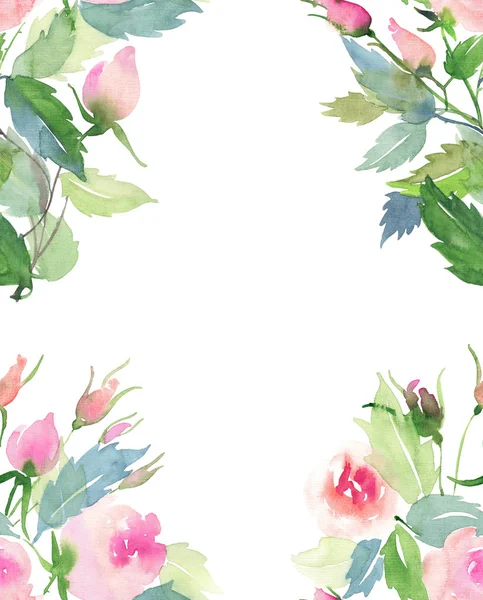 Beautiful delicate tender cute elegant lovely floral colorful spring summer pink and red roses with buds and leaves bouquets frame watercolor hand illustration — Stock Photo, Image