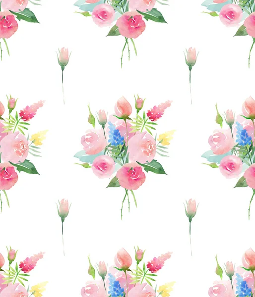 Tendre délicat mignon élégant belle floral coloré printemps été rouge, bleu, violet et jaune fleurs sauvages et roses roses avec motif feuilles vertes aquarelle illustration à la main — Photo