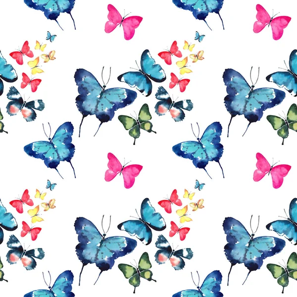 Beautiful cute sophisticated magnificent wonderful tender gentle spring colorful butterflies pattern watercolor hand illustration — Stock Photo, Image