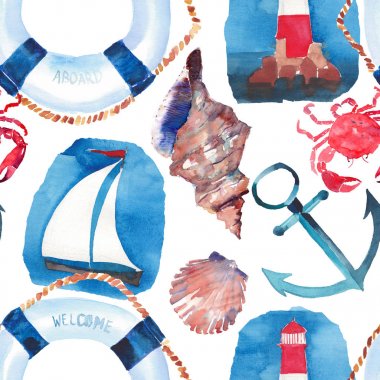 Güzel parlak renkli güzel yaz deniz plaj kalıp lifebuoy, mavi çapa, kırmızı beyaz seamark, kırmızı yengeçler, pastel sevimli deniz kabuklarını ve beyaz tekne suluboya el çizimi