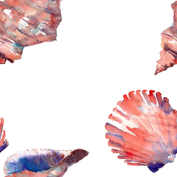 Heldere schattig grafisch mooie mooie prachtige Zomerse frisse mariene strand kleurrijke schelpen frame aquarel hand illustratie. Perfect voor wenskaart, textielontwerp — Stockfoto