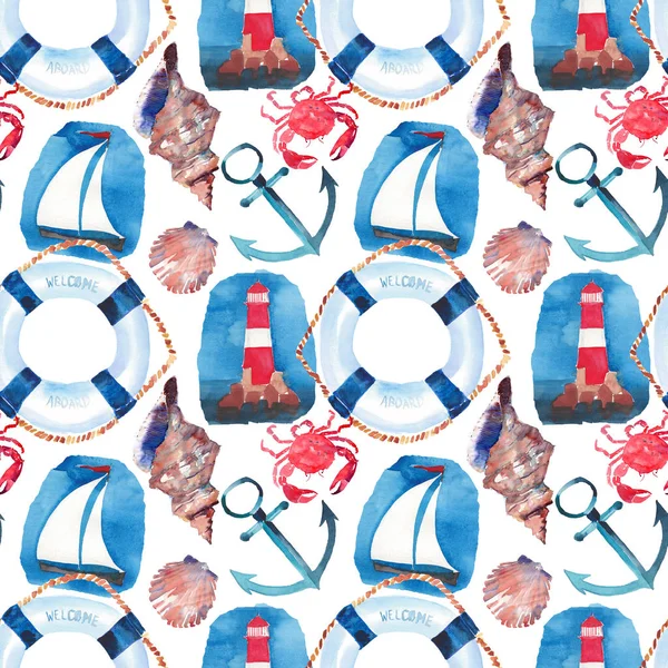 Schöne helle bunte schöne Sommer Marine Strandmuster Rettungsring, blauer Anker, rot weiße Seemarke, rote Krabben, pastellfarbene Muscheln und weiße Boot Aquarell Hand Illustration — Stockfoto