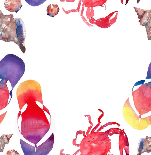 Bunte helle schöne Komfort Sommer Rahmen von Strand Flip-Flops roten Krebsen Pastell niedlichen Muscheln Aquarell Hand Illustration — Stockfoto