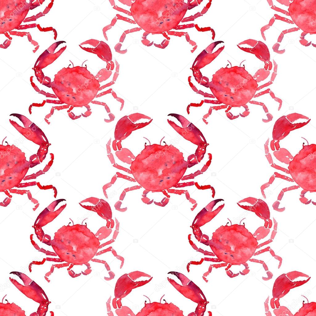 Colorful bright beautiful lovely summer sea tasty delicious pattern of red crabs watercolor hand illustration. Perfect for restaurant menu, greetings card and textile
