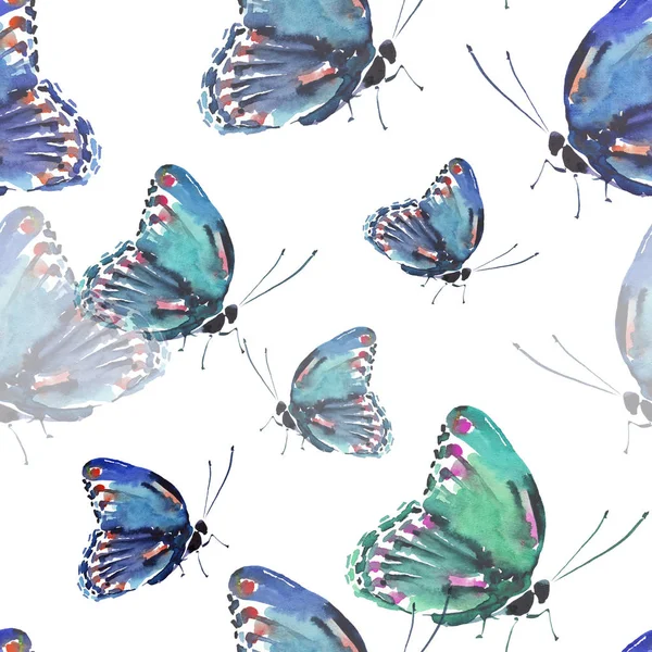 Hermoso lindo sofisticado magnífico maravilloso tierno suave primavera colorido mariposas patrón acuarela mano ilustración — Foto de Stock