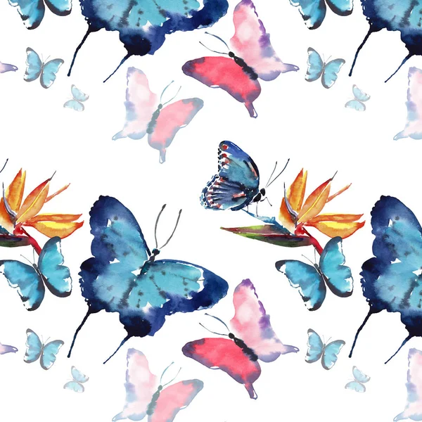 Ljusa vackra sofistikerade Fantastiskt mört milda våren tropiska färgglada fjärilar med tropiska gula blommor mönster akvarell hand skiss — Stockfoto