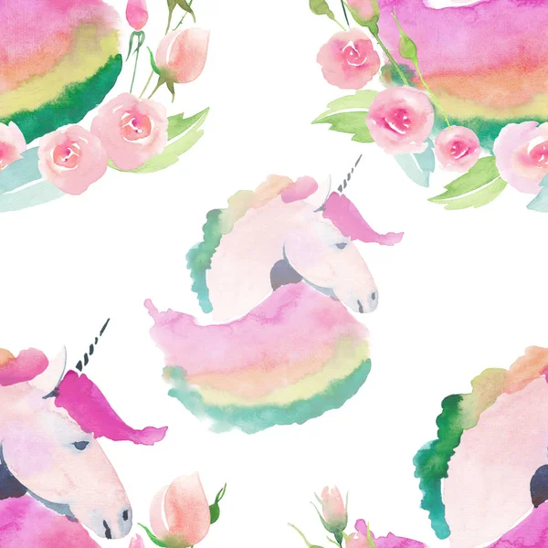 Bright lovely cute fairy magical colorful pattern of unicorns with spring pastel cute beautiful flowers watercolor hand sketch — Stock Photo, Image