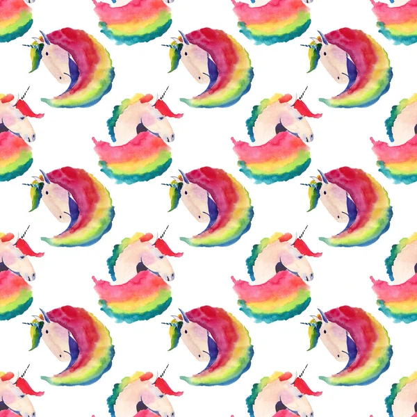 Bright precioso lindo hada mágico colorido patrón de unicornios acuarela boceto de la mano. Perfecto para felicitación y tarjeta de cumpleaños, boda, invitación, diseño textil — Foto de Stock