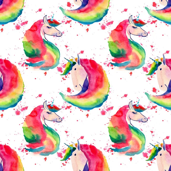 Tek boynuzlu atlar üzerinde kırmızı sprey arka plan suluboya el illüstrasyon parlak güzel şirin peri büyülü renkli desen. Tebrik ve doğum günü kartı, düğün, davet, tekstil tasarımı için mükemmel