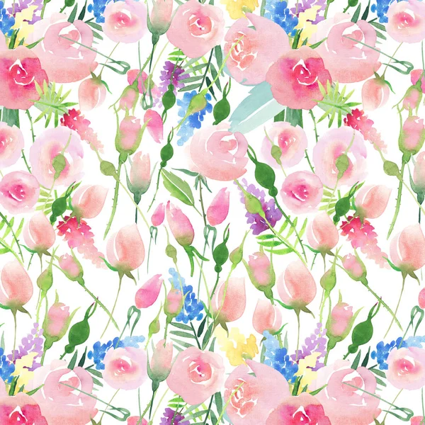 Διαγωνισμού λεπτή χαριτωμένο κομψό υπέροχο floral πολύχρωμη άνοιξη καλοκαίρι κόκκινο, μπλε, μοβ και κίτρινα αγριολούλουδα και ροζ τριαντάφυλλα με πράσινα φύλλα μοτίβο ακουαρέλα χέρι εικονογράφηση — Φωτογραφία Αρχείου