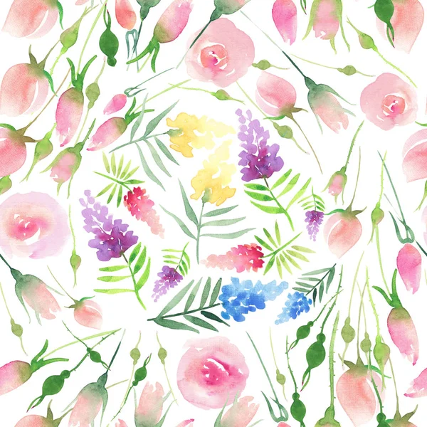 Tendre délicat mignon élégant belle floral coloré printemps été rouge, bleu, violet et jaune fleurs sauvages et roses roses avec motif feuilles vertes aquarelle illustration à la main — Photo