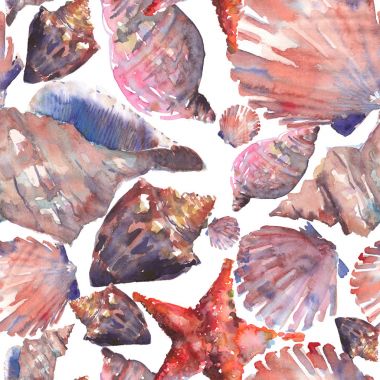 Parlak sevimli grafik güzel güzel harika yaz taze deniz plaj renkli deniz kabuklarını ve starfishes suluboya el illüstrasyon model. Tebrik kartı, tekstil tasarımı için mükemmel