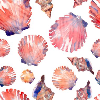 Parlak sevimli grafik güzel güzel harika yaz taze deniz plaj renkli deniz kabuklarını ve starfishes suluboya el illüstrasyon model. Tebrik kartı, tekstil tasarımı için mükemmel