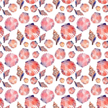 Parlak sevimli grafik güzel güzel harika yaz taze deniz plaj renkli deniz kabuklarını ve starfishes suluboya el illüstrasyon model. Tebrik kartı, tekstil tasarımı için mükemmel