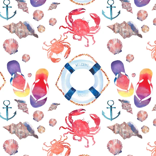 Belle lumineux coloré beau motif de plage marine d'été de tongs crabes rouges pastel coquillages mignons bouée de sauvetage bleue et bleu foncé ancre aquarelle illustration à la main — Photo