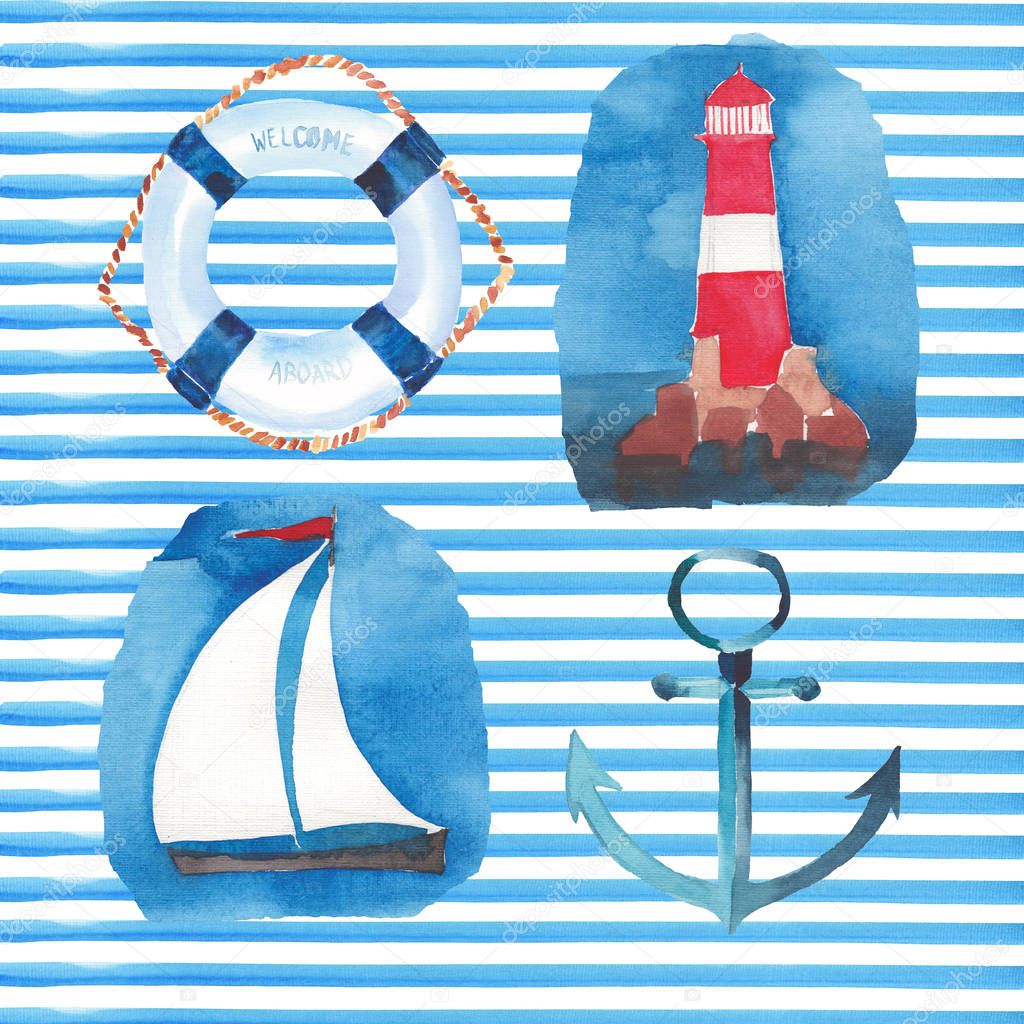 Beautiful bright colorful lovely summer ocean marine beach pattern of lifebuoy, blue anchor, red white seamark and dark blue anchor on white blue stripes background watercolor hand illustration