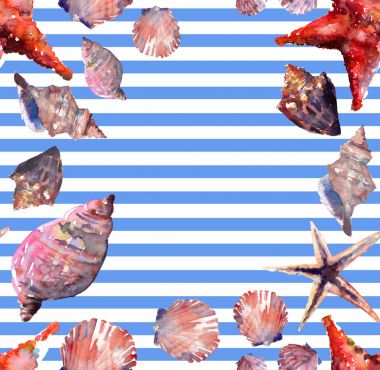 Parlak sevimli grafik güzel güzel harika yaz taze deniz plaj renkli deniz kabuklarını ve starfishes üzerinde beyaz mavi çizgili çerçeve suluboya el resimde arka plan. Tebrik kartı, tekstil tasarımı için mükemmel