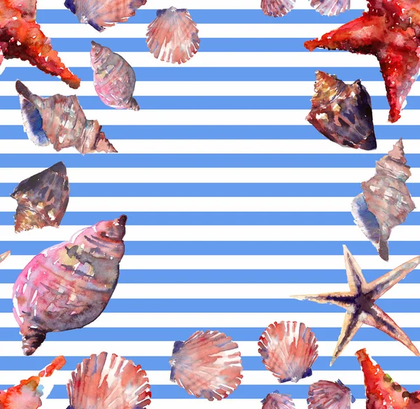 明亮的可爱的图形的可爱的美丽的美妙的夏天新鲜海洋海滩彩色的贝壳和海星上白色蓝色条纹背景帧水彩手图。完美的纺织设计贺卡 — 图库照片