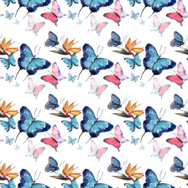 Parlak güzel sofistike harika ihale nazik bahar tropikal renkli kelebekler ile tropikal sarı çiçek deseni suluboya el kroki