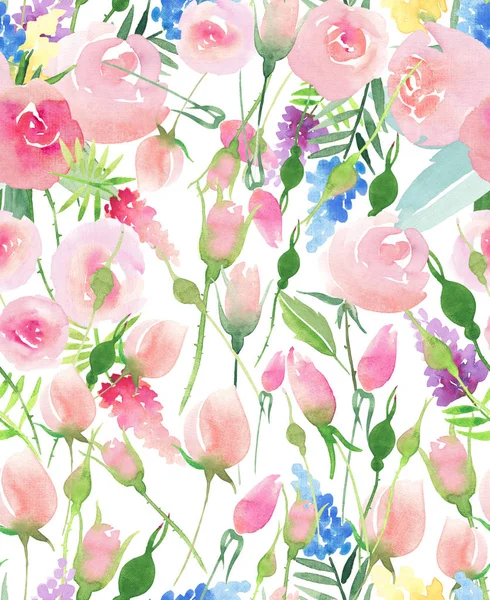 Tender delicado bonito elegante lindo floral colorido primavera verão vermelho, azul, roxo e amarelo flores silvestres e rosas rosa com folhas verdes padrão aquarela mão ilustração — Fotografia de Stock