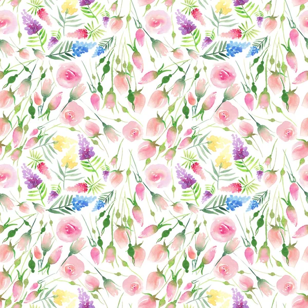 Tendre délicat mignon élégant belle floral coloré printemps été rouge, bleu, violet et jaune fleurs sauvages et roses roses avec motif feuilles vertes aquarelle illustration à la main — Photo