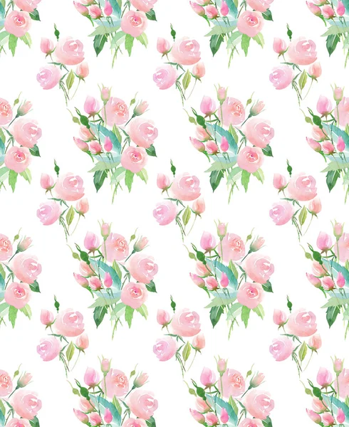 Beautiful delicate tender cute elegant lovely floral colorful spring summer pink and red roses with buds and leaves bouquets pattern watercolor hand illustration — Stock Photo, Image