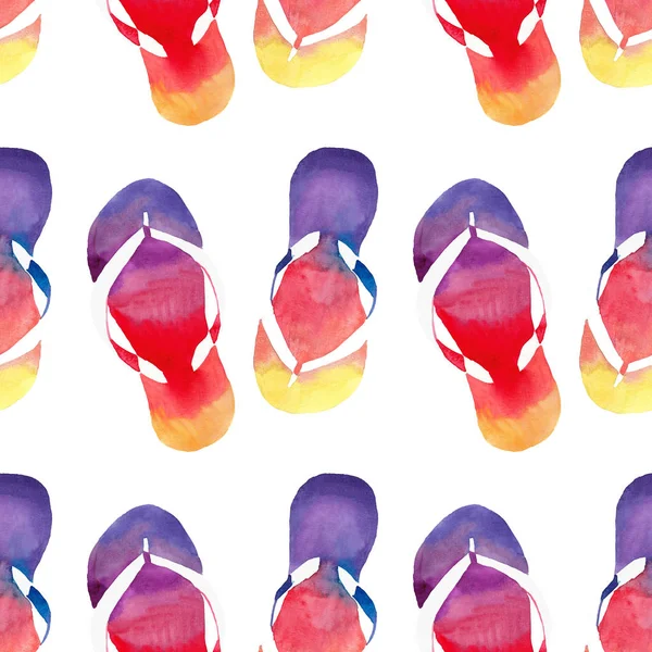 Bunte helle schöne Komfort Sommer Muster von Strand gelb orange rosa rot blau lila Flip-Flops Aquarell Hand Illustration — Stockfoto