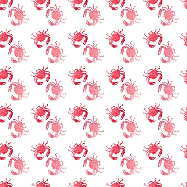 Colorido brillante hermoso hermoso verano mar sabroso delicioso patrón de cangrejos rojos acuarela mano ilustración. Perfecto para menú de restaurante, tarjetas de felicitaciones y textiles — Foto de Stock