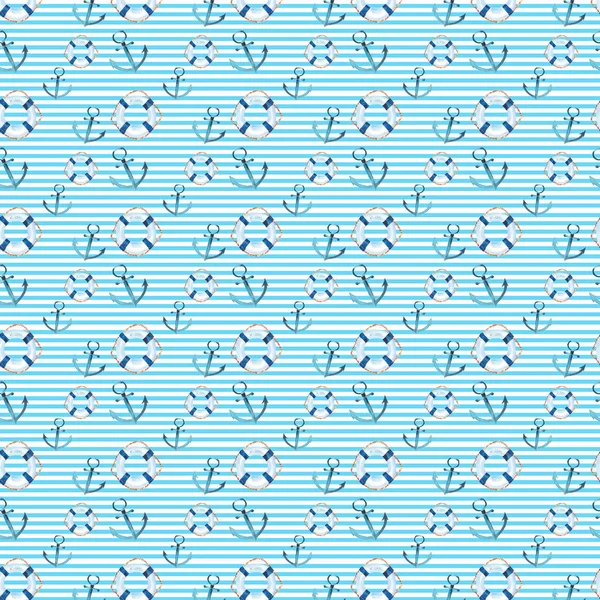 Sofisticado bonito gráfico lindo lindo maravilhoso verão mar fresco marinho cruzeiro colorido lifebuoys e âncoras em branco azul listras fundo padrão aquarela mão esboço — Fotografia de Stock