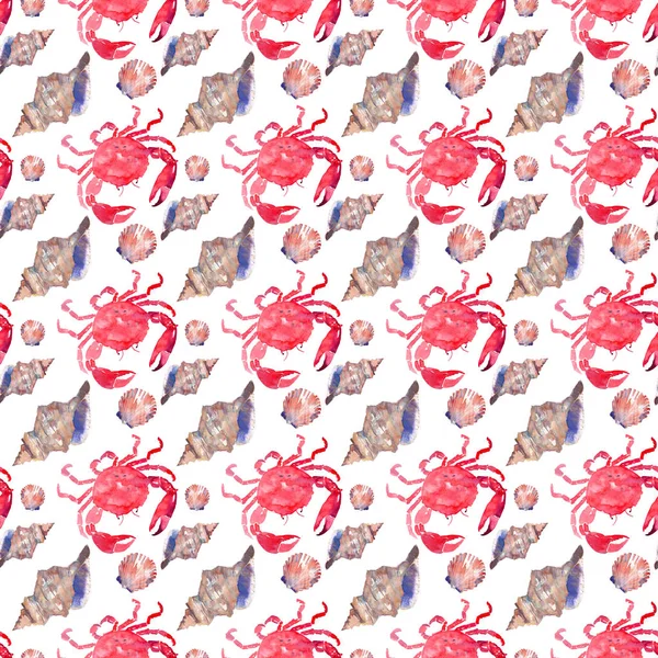 Colorful bright beautiful lovely summer sea tasty delicious pattern of red crabs and tender pastel seashells watercolor hand illustration. Perfect for restaurant menu, greetings card and textile — Stock Photo, Image