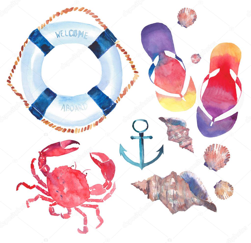 Beautiful bright colorful lovely summer marine beach pattern of flip flops red crabs pastel cute seashells blue lifebuoy and dark blue anchor watercolor hand illustration