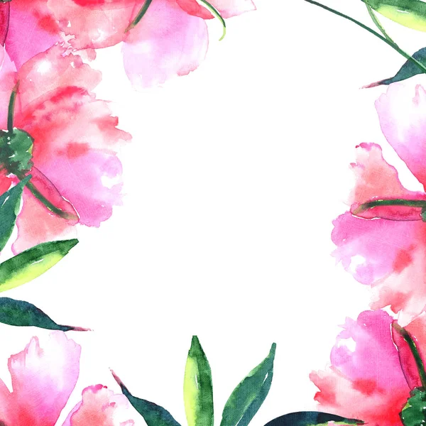 Όμορφο φωτεινό απαλή εξελιγμένα υπέροχη άνοιξη floral βοτανική βοτανική μπεζ κονιωδών ροζ παιώνιες με πράσινα φύλλα καρέ Υδατογραφία χέρι εικόνα — Φωτογραφία Αρχείου