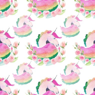 Tek boynuzlu at bahar pastel güzel suluboya çiçek şirin el kroki ile ihale yumuşak pastel güzel şirin peri büyülü paterni